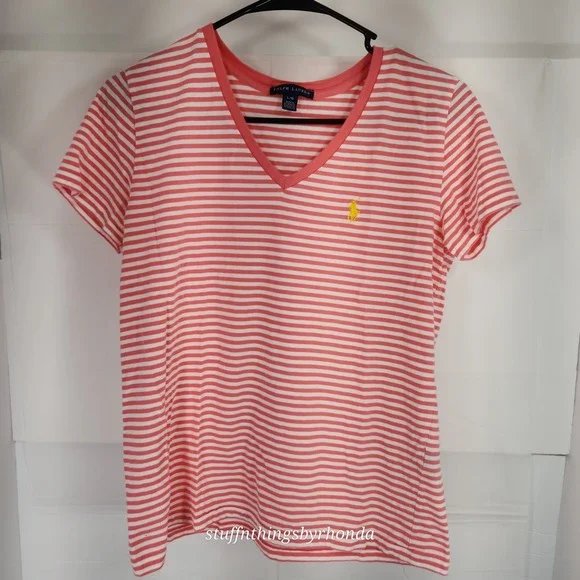 Ralph Lauren Girls/Youth Large Tshirt Stripe‎ Raspberry Pink White Short Sleeve - Picture 2 of 9